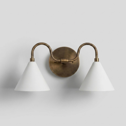 Double White Cone Vanity Light - Curved Brass Wall Sconce