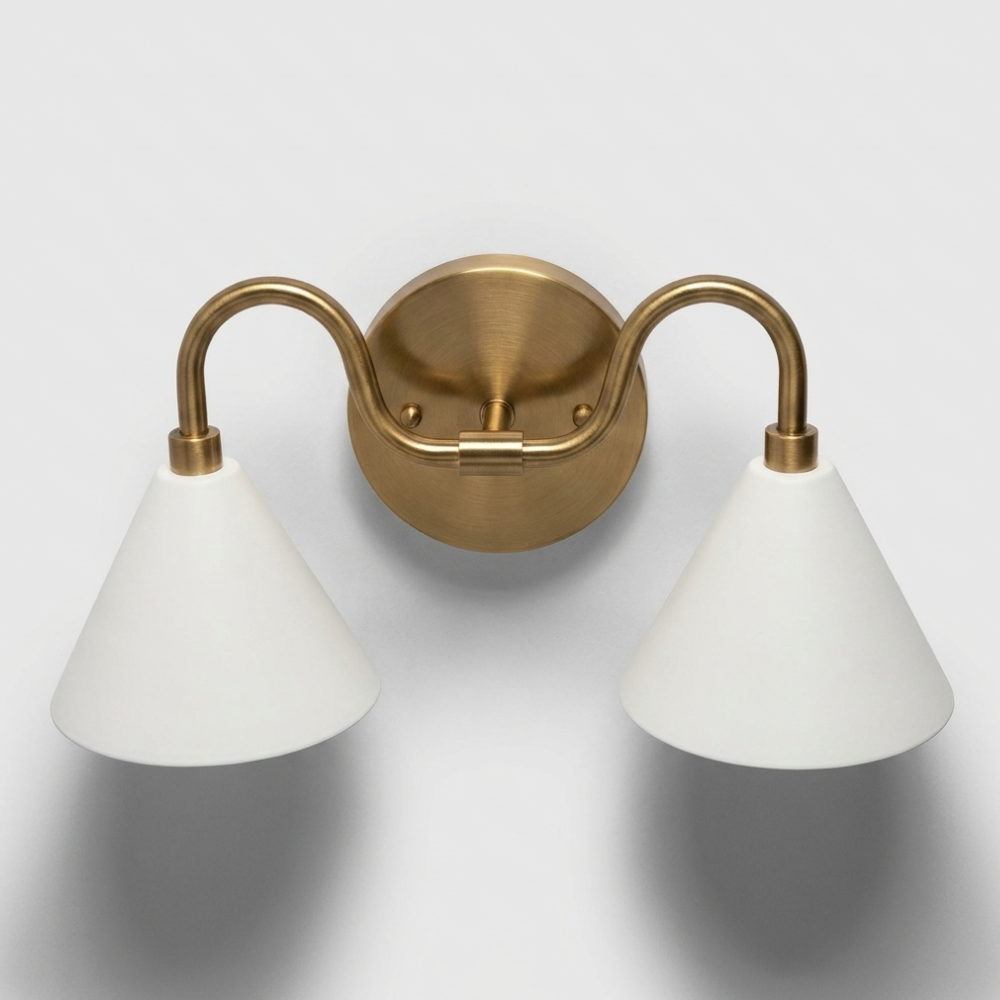 Double White Cone Vanity Light - Curved Brass Wall Sconce