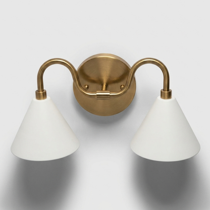 Double White Cone Vanity Light - Curved Brass Wall Sconce
