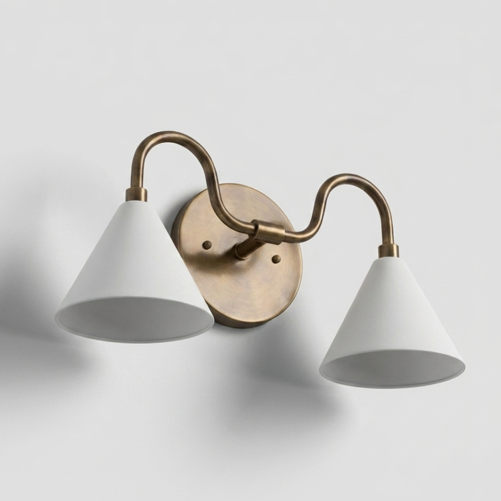 Double White Cone Vanity Light - Curved Brass Wall Sconce