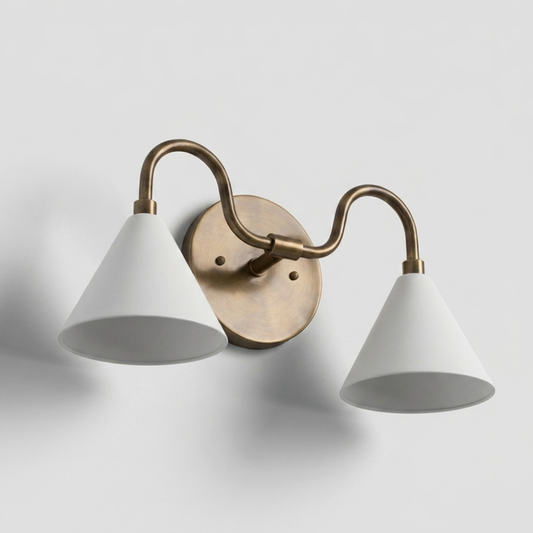 Double White Cone Vanity Light - Curved Brass Wall Sconce