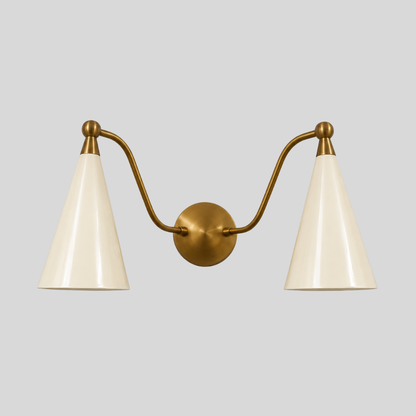 Dual Cream Cone Vanity Light - Mid Century Brass Wall Sconce