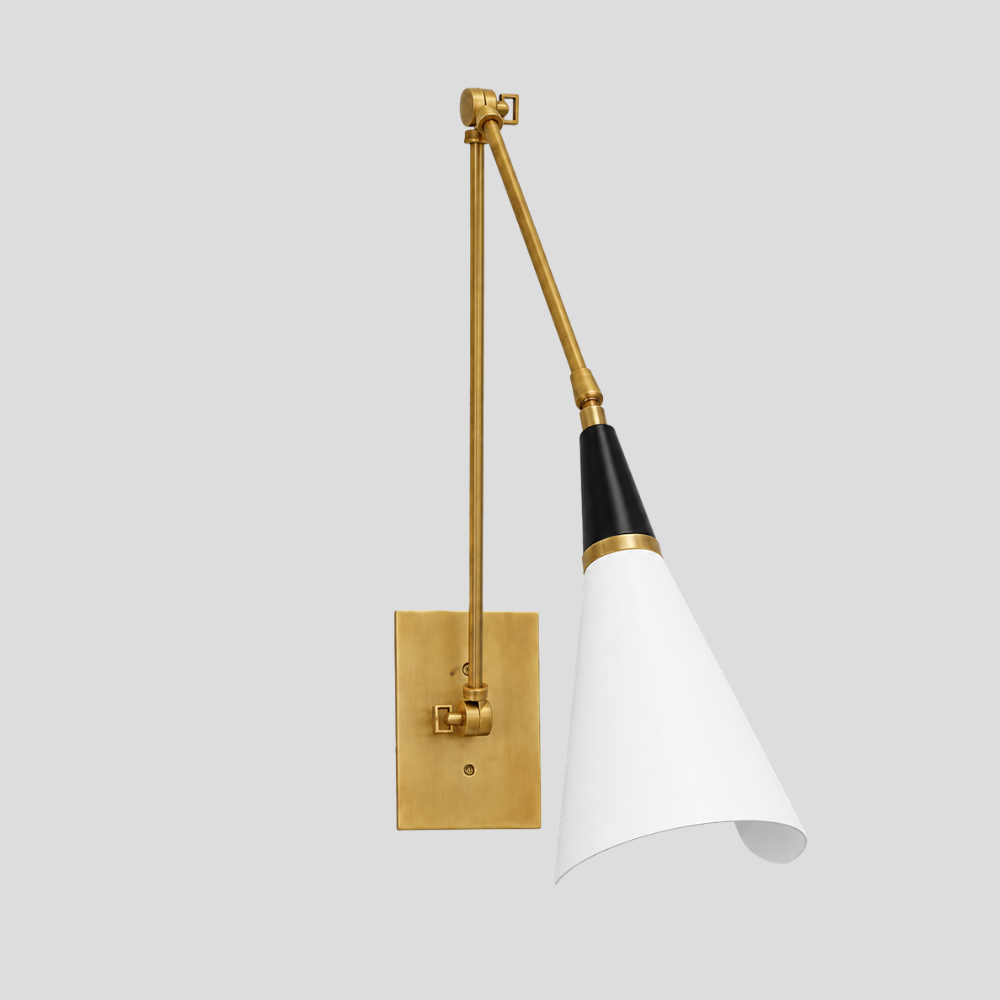 Long Arm Brass Wall Lamp - Adjustable Brass & White Cone Sconce