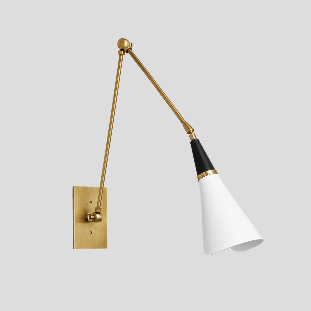 Long Arm Brass Wall Lamp - Adjustable Brass & White Cone Sconce