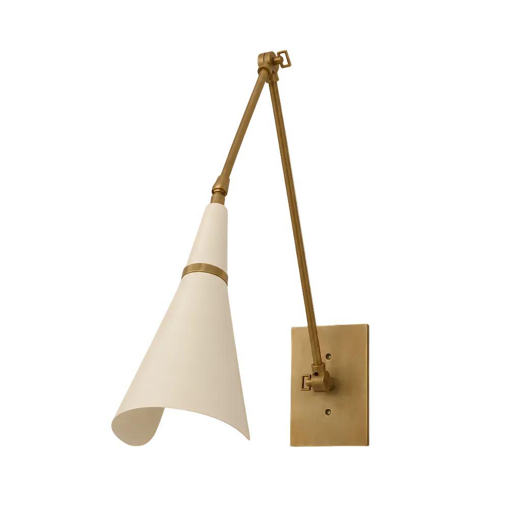 A modern wall-mounted sconce with a tapered off-white shade, a brass arm, and a square brass wall plate, shown against a solid light gray background.