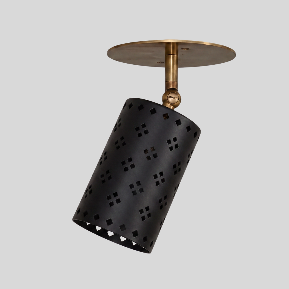 Perforated Black Cylinder Spot Light - Adjustable Brass Flush