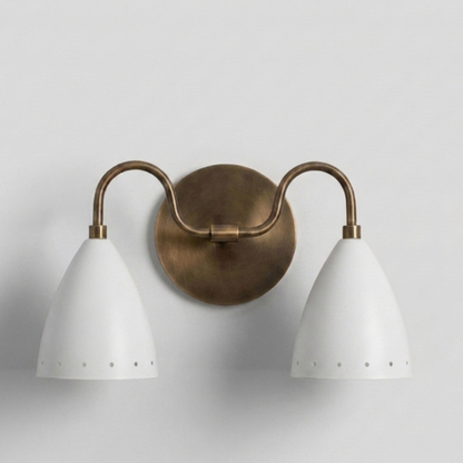 Perforated Double White Cone Wall Sconce - Curved Brass Vanity Light