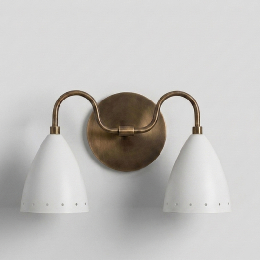 Perforated Double White Cone Wall Sconce - Curved Brass Vanity Light