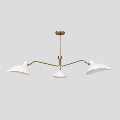 Triple White Dome Shades Chandelier - Mid Century Modern Brass Curved Pendant