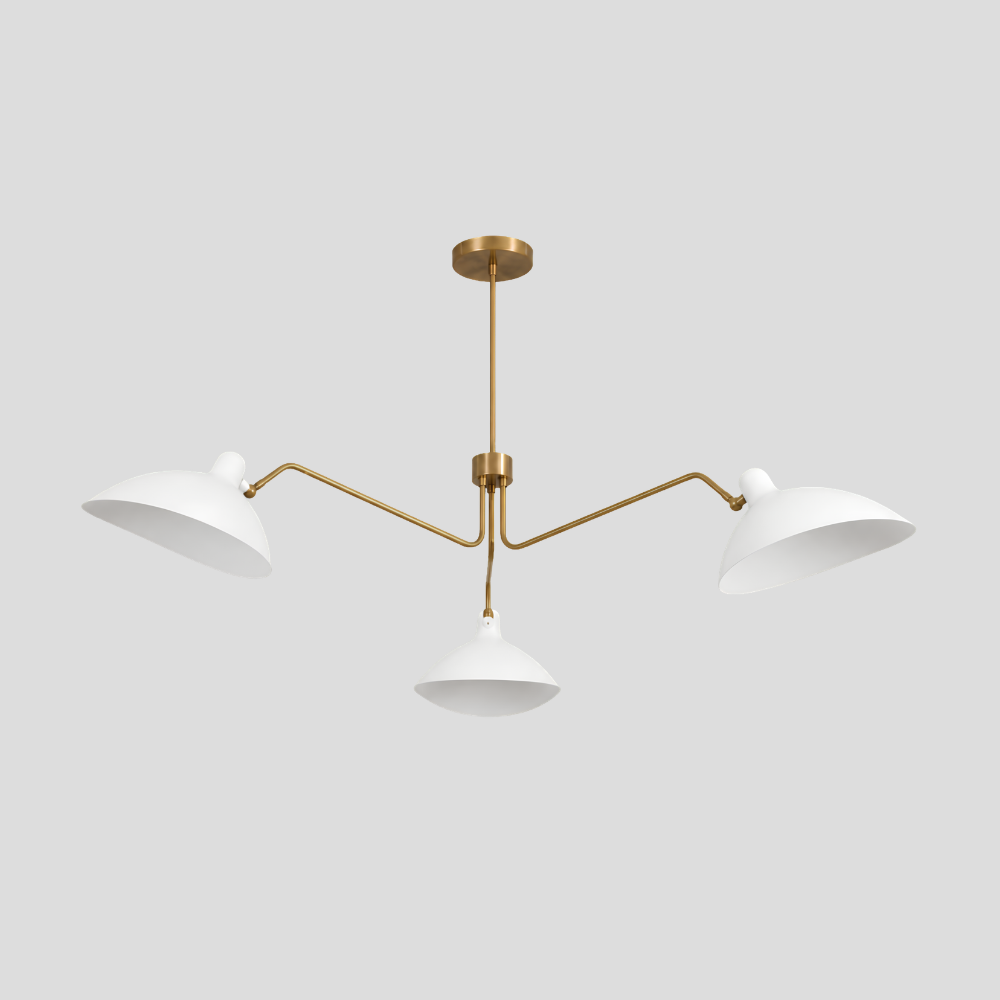 Triple White Dome Shades Chandelier - Mid Century Modern Brass Curved Pendant