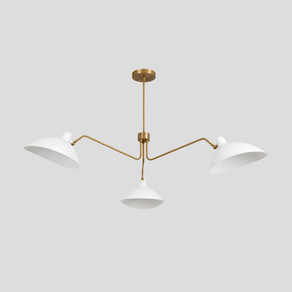 Triple White Dome Shades Chandelier - Mid Century Modern Brass Curved Pendant