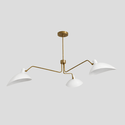 Triple White Dome Shades Chandelier - Mid Century Modern Brass Curved Pendant