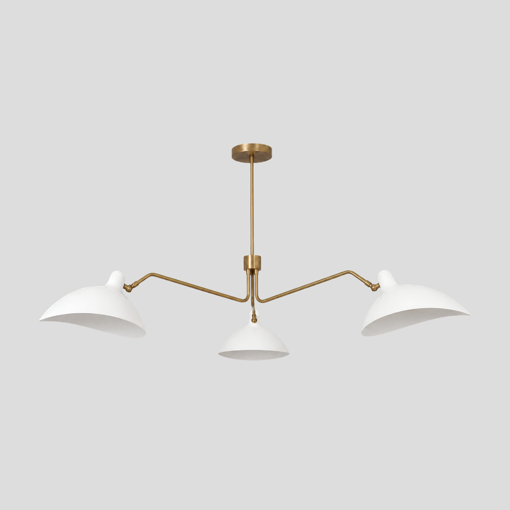 Triple White Dome Shades Chandelier - Mid Century Modern Brass Curved Pendant