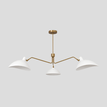 Triple White Dome Shades Chandelier - Mid Century Modern Brass Curved Pendant