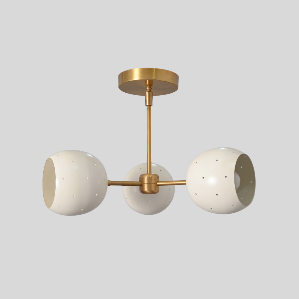 Triple White Orb Ceiling Light - Perforated Brass Flush Mount