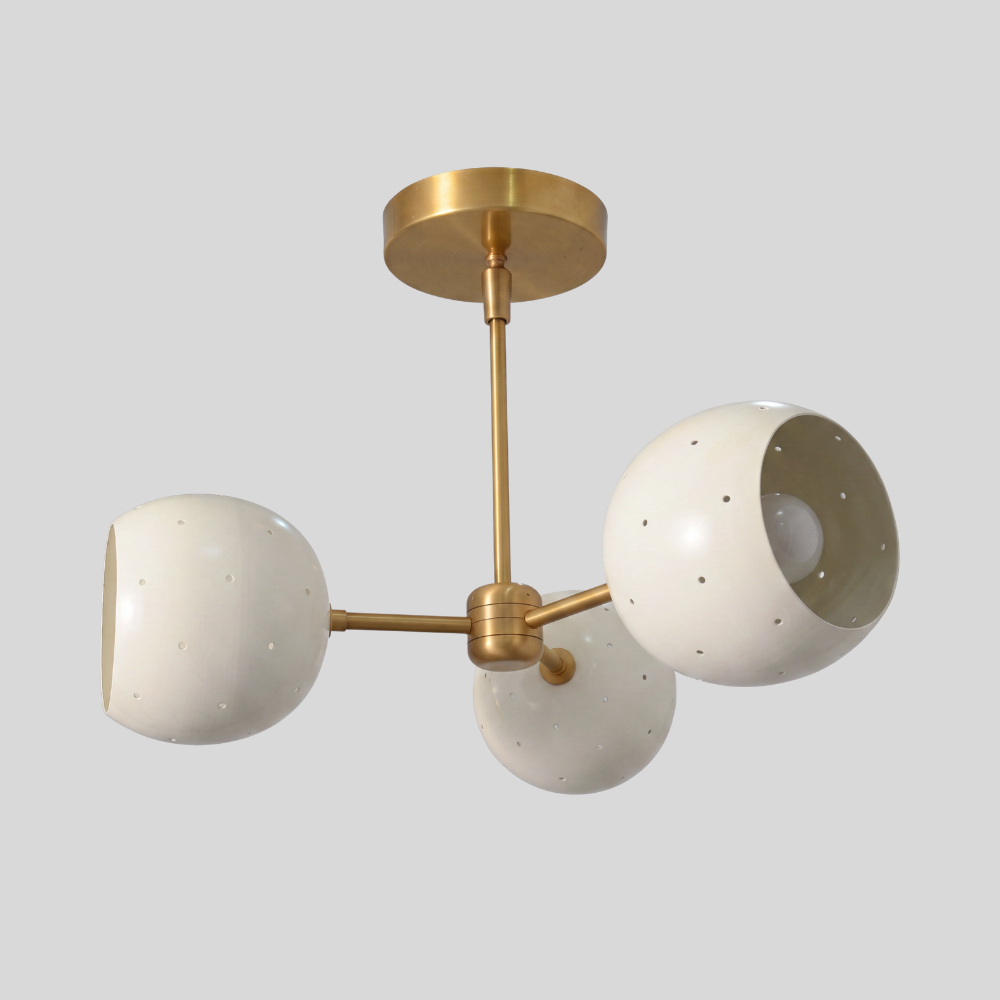 Triple White Orb Ceiling Light - Perforated Brass Flush Mount