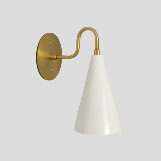 White Cone Wall Light - Long Arm Brass Sconce