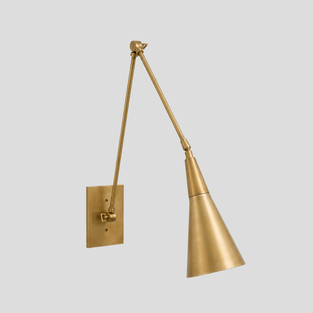 Long Brass Swing Arm Sconce - Modern Adjustable Cone Wall Lamp
