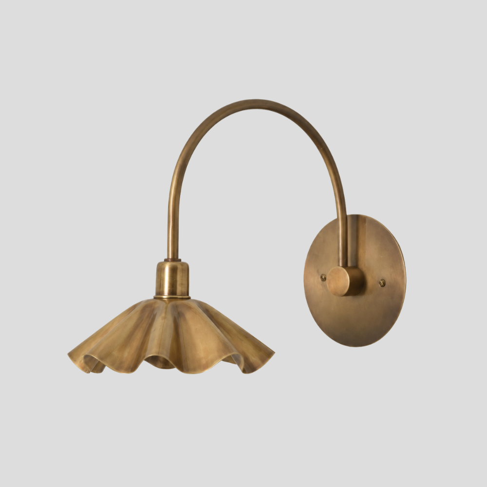 Modern Brass Ruffled Petal Shade Wall Lamp - Curved Flower Gooseneck Sconce