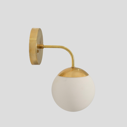 Modern Glass Globe Wall Lamp - Brass Curved Arm Sconce