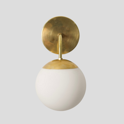 Modern Glass Globe Wall Lamp - Brass Curved Arm Sconce