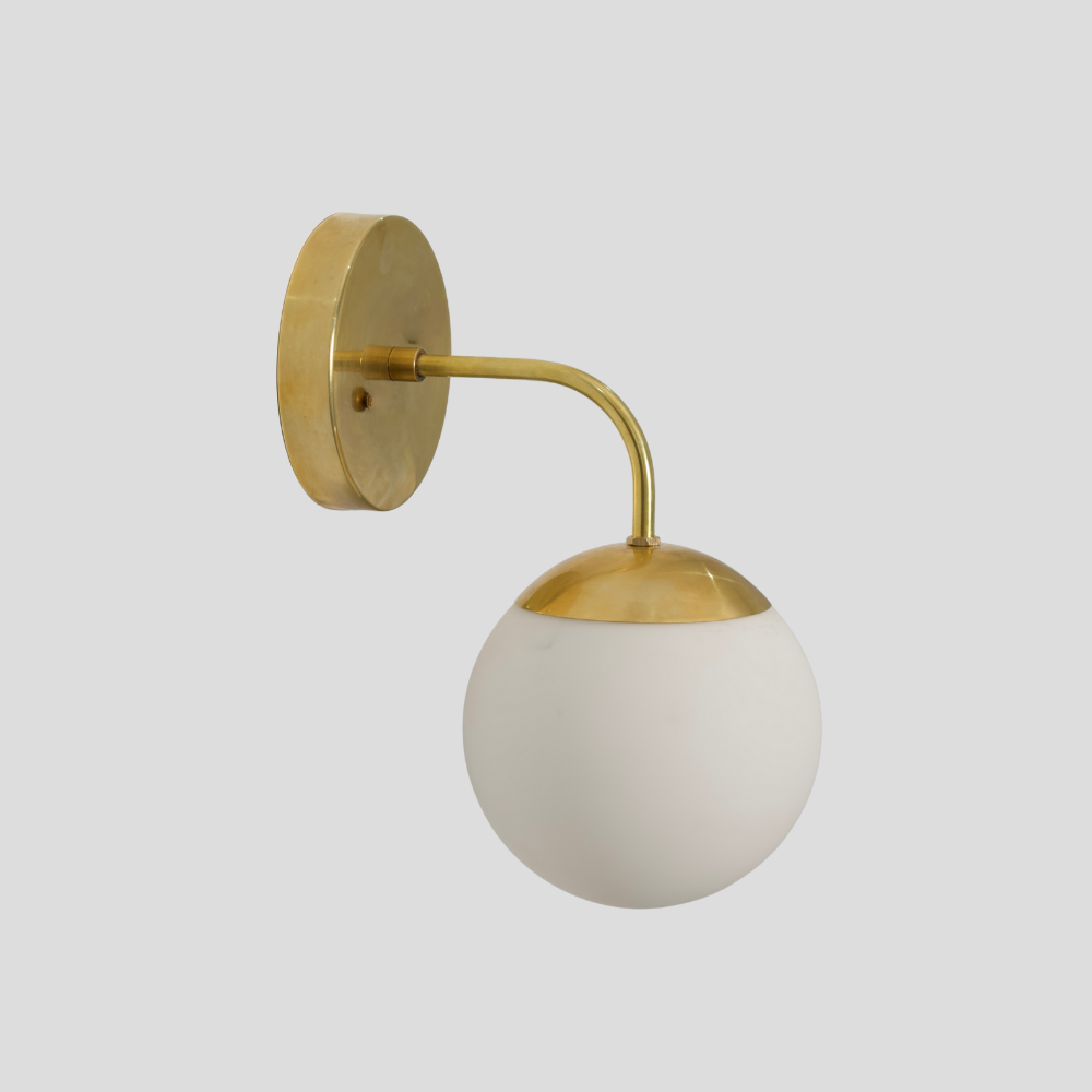 Modern Glass Globe Wall Lamp - Brass Curved Arm Sconce