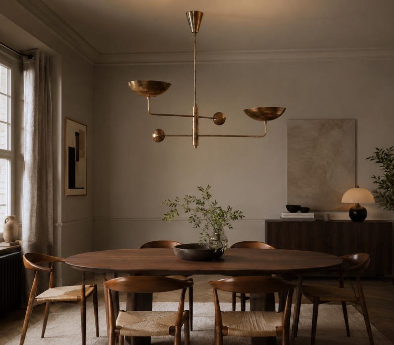 Mid Century 2 Light Curved Pendant Sputnik Chandelier Raw Brass Modern Ceiling Fixture