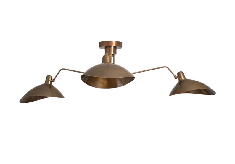3 Light Curved Mid Century Modern Raw Brass Sputnik chandelier light Fixture