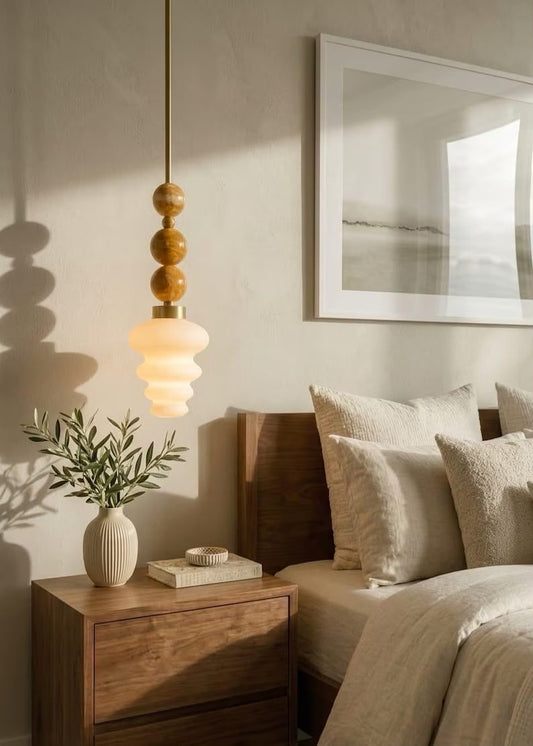 Blown Glass Pendant Light – Modern onyx stones and Brass Hanging Lamp