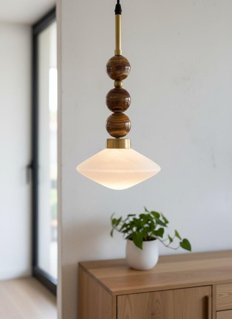 Handmade Brown Onyx and Frosted Glass Pendant Light | Modern Stone Hanging Lamp