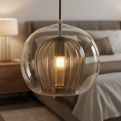Modern Blown Glass Pendant Light – Smoky Grey with Ribbed Design