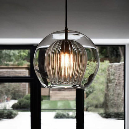 Modern Blown Glass Pendant Light – Smoky Grey with Ribbed Design