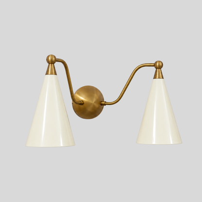 Dual Cream Cone Vanity Light - Mid Century Brass Wall Sconce