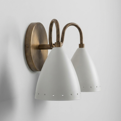 Perforated Double White Cone Wall Sconce - Curved Brass Vanity Light