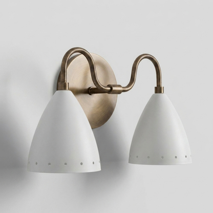 Perforated Double White Cone Wall Sconce - Curved Brass Vanity Light