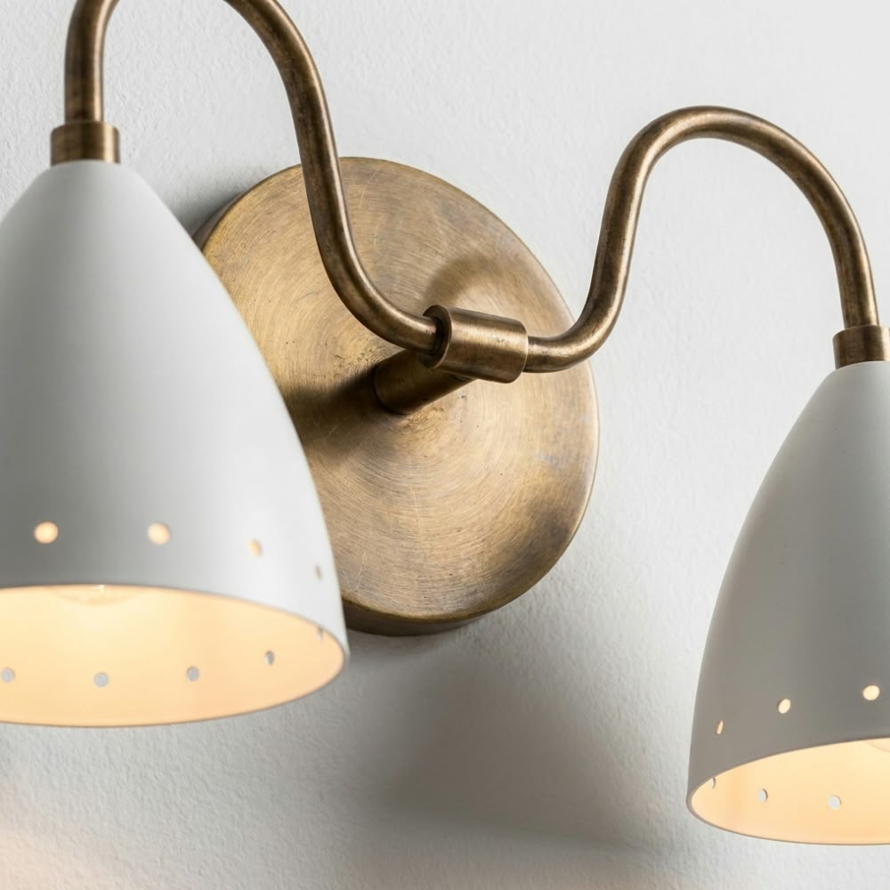 Perforated Double White Cone Wall Sconce - Curved Brass Vanity Light