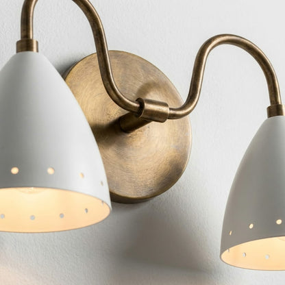 Perforated Double White Cone Wall Sconce - Curved Brass Vanity Light