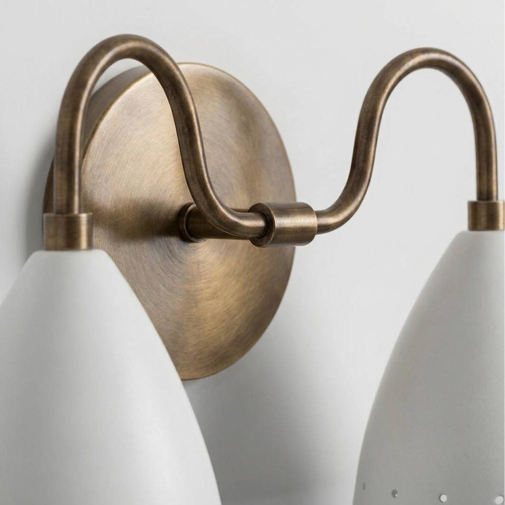 Perforated Double White Cone Wall Sconce - Curved Brass Vanity Light