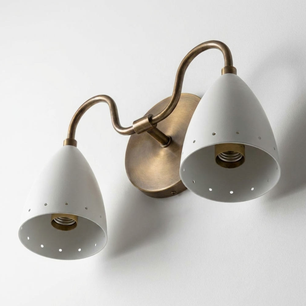 Perforated Double White Cone Wall Sconce - Curved Brass Vanity Light