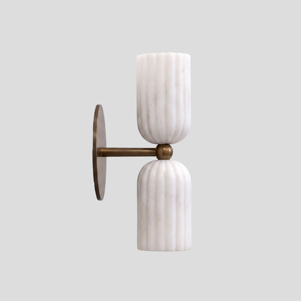 Dual Fluted Alabaster Sconce - Brass Ribbed Marble Shade Wall Lamp