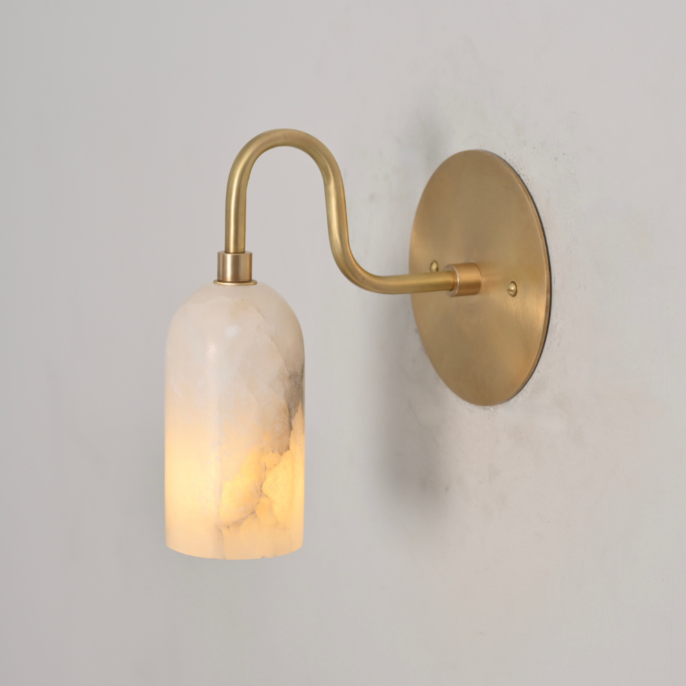 Modern Alabaster Wall Lamp - Curved Brass Arm Sconce