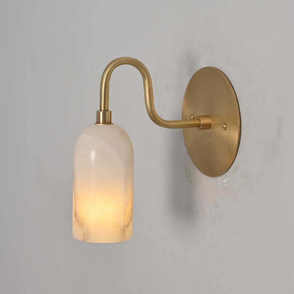 Modern Alabaster Wall Lamp - Curved Brass Arm Sconce
