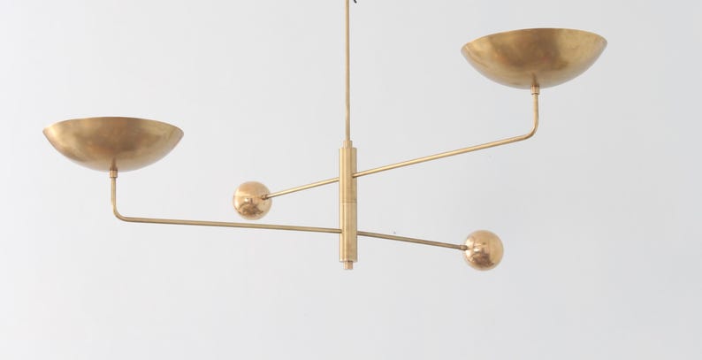 Mid Century 2 Light Curved Pendant Sputnik Chandelier Raw Brass Modern Ceiling Fixture