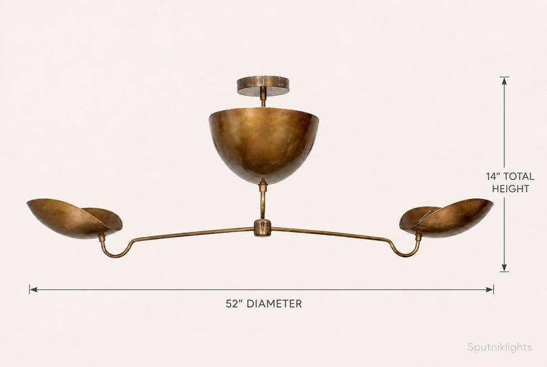 3 Light Curved Shades Pendant Mid Century Modern Raw Brass Sputnik chandelier light Fixture