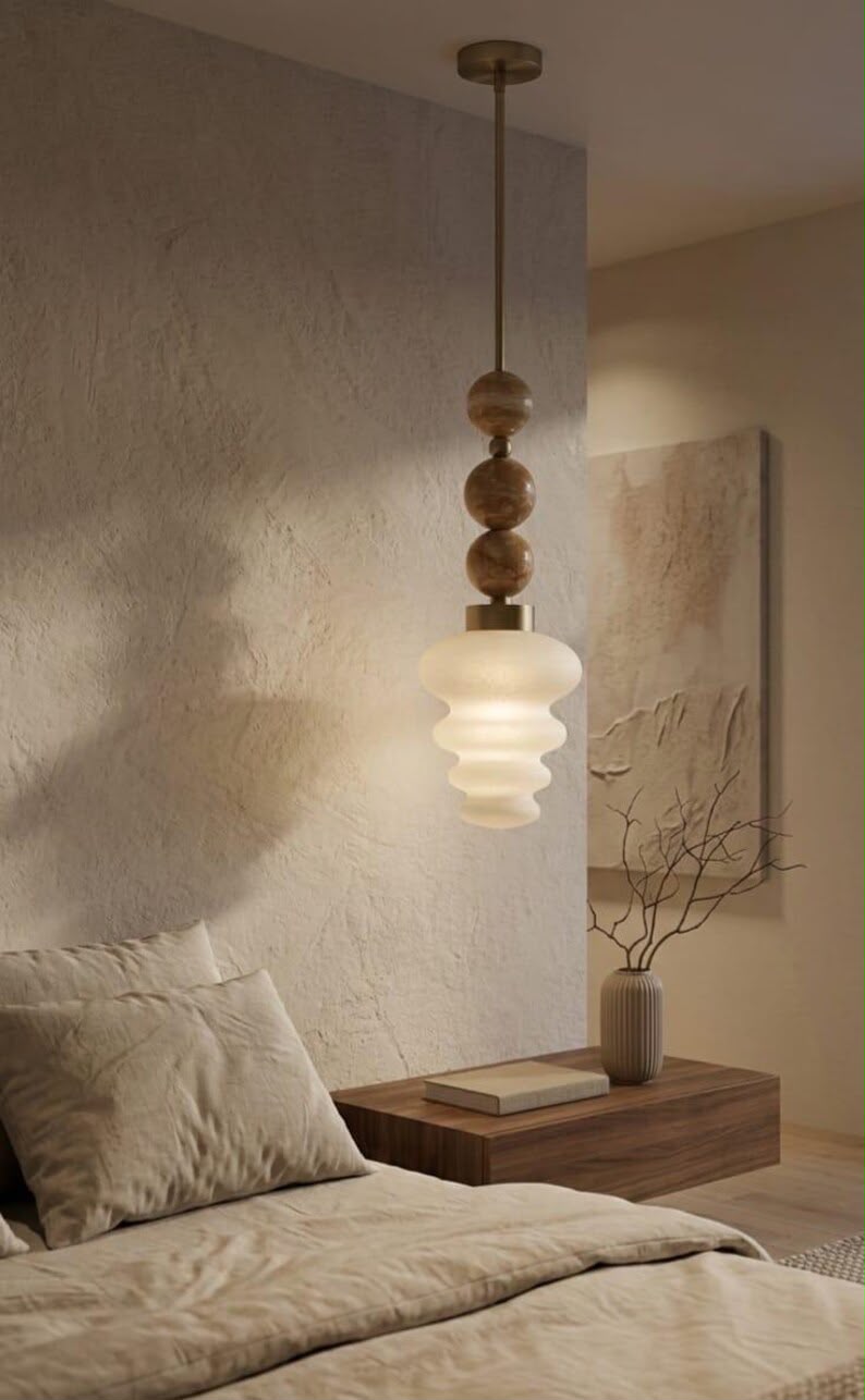 Blown Glass Pendant Light – Modern onyx stones and Brass Hanging Lamp