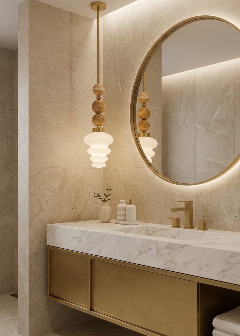 Blown Glass Pendant Light – Modern onyx stones and Brass Hanging Lamp