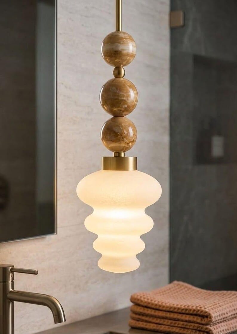 Blown Glass Pendant Light – Modern onyx stones and Brass Hanging Lamp