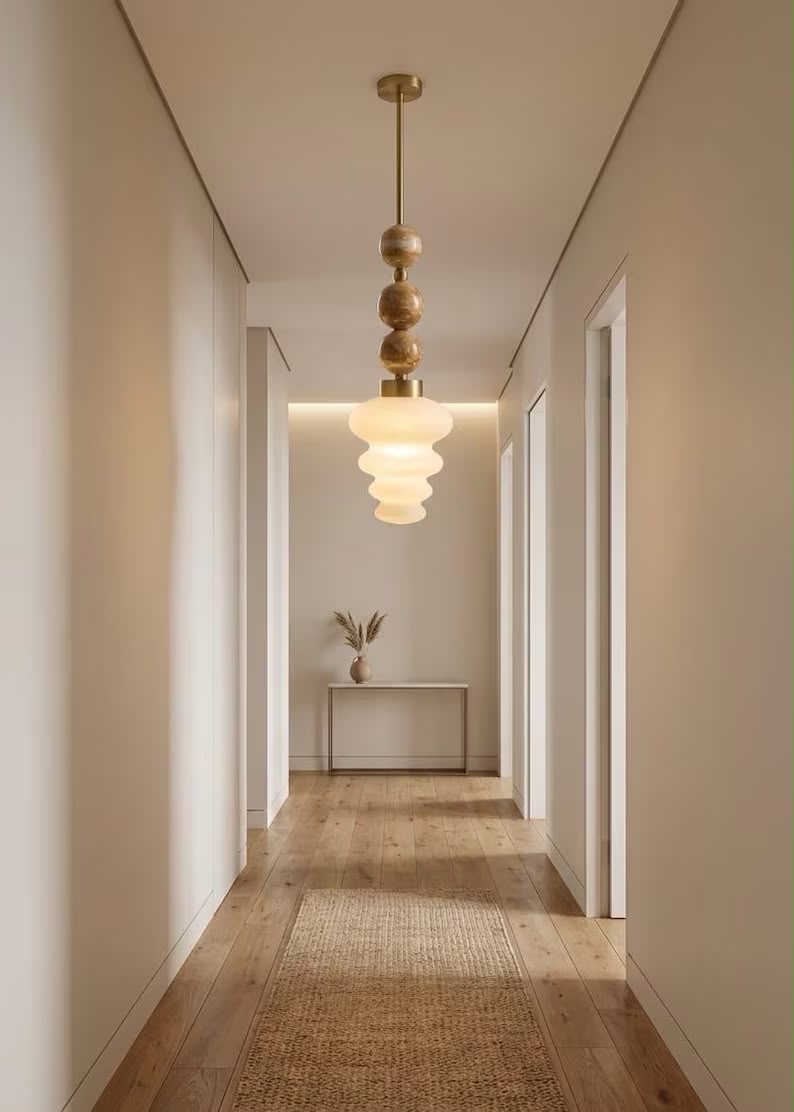 Blown Glass Pendant Light – Modern onyx stones and Brass Hanging Lamp
