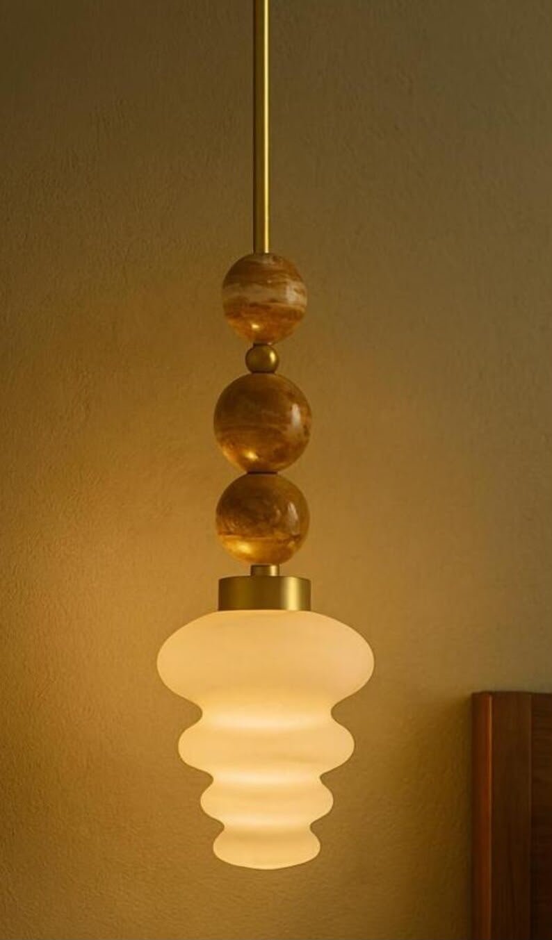 Blown Glass Pendant Light – Modern onyx stones and Brass Hanging Lamp
