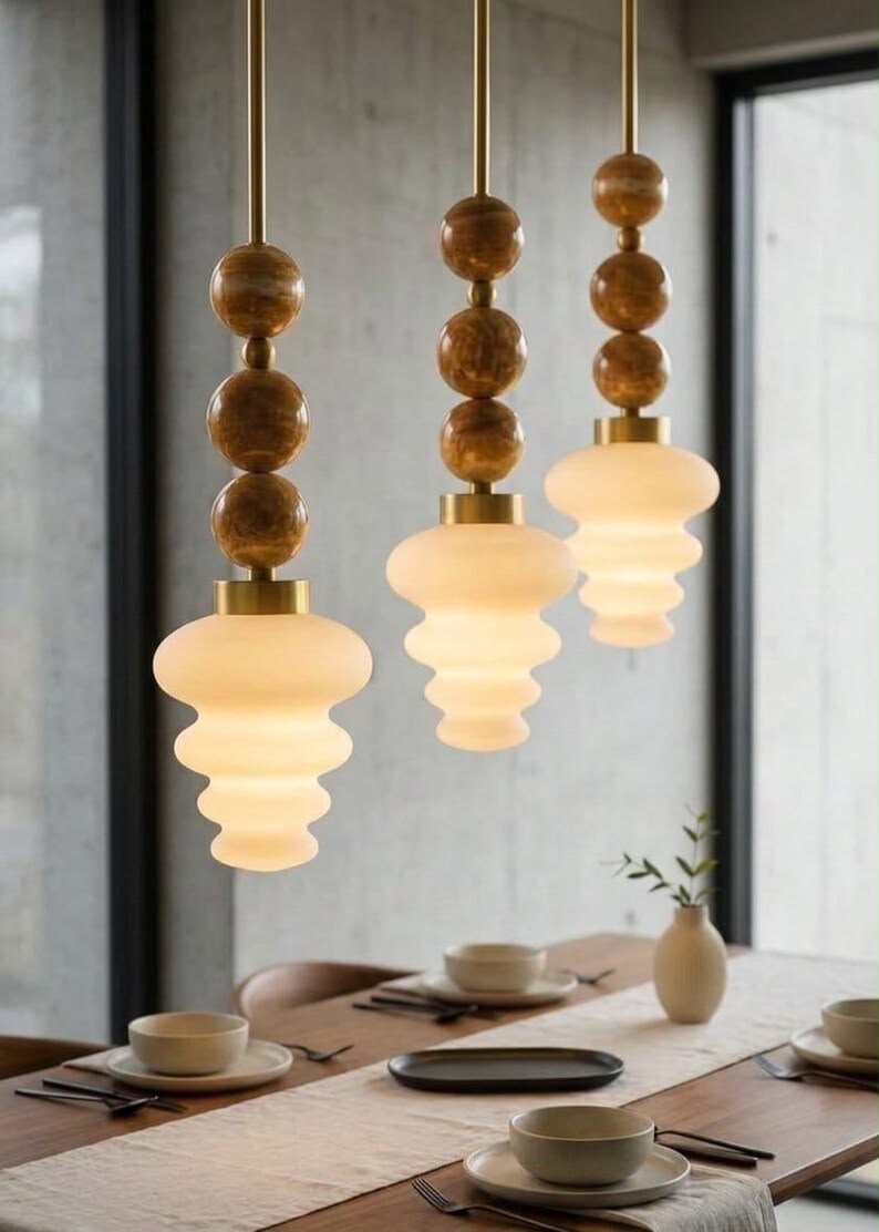 Blown Glass Pendant Light – Modern onyx stones and Brass Hanging Lamp